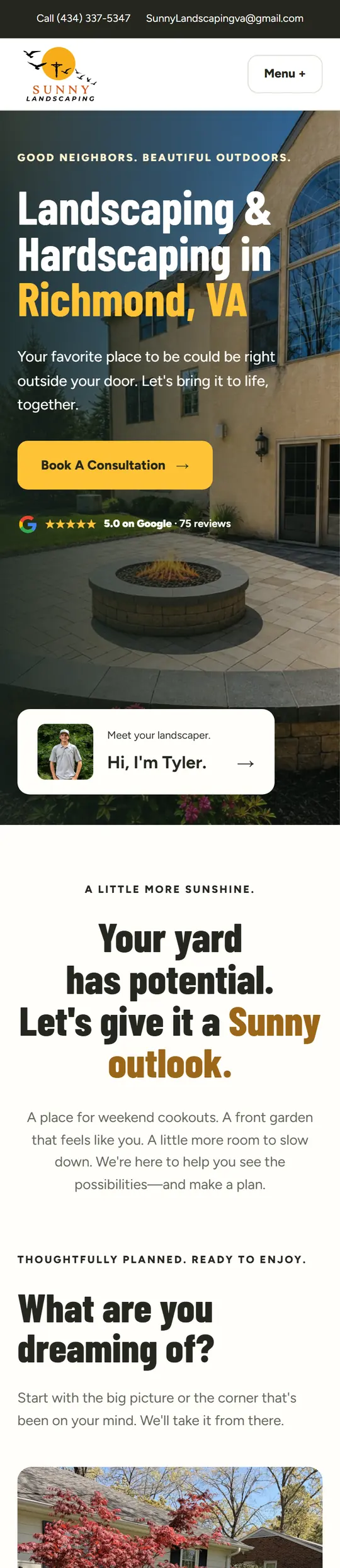 Sunny Landscaping website on a phone, scrolling from the top
